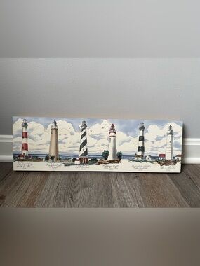 VTG Coastal Lighthouse Wall Art - White, Red, Black Accent Cottage Core Beach